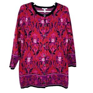 Issac Mizrahi Live Womens 1X Cardigan Sweater Red Black Paisley Duster Holiday